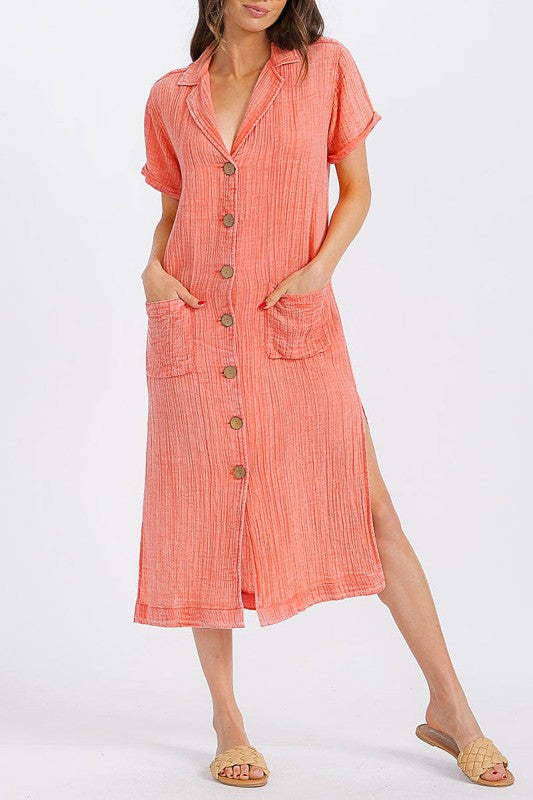 Short Sleeve Button Up Front Pockets Washed Dress