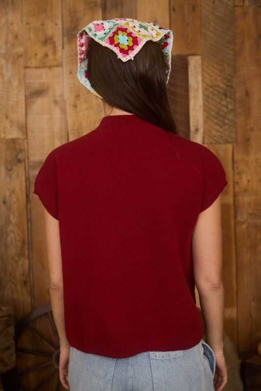 Mock Neck Contrast Floral Trim Knit Sweater