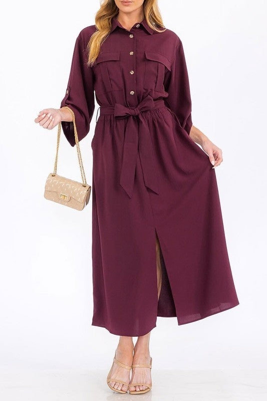 3/4 Sleeves Button Up Self Tie Maxi Dress