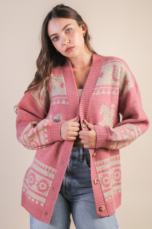 Oversized Western Graphic Knit Sweater Cadigan