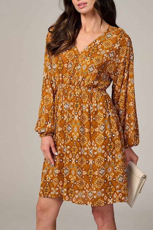 Long Sleeve Elastic Waist V-neck Multi Print Dress