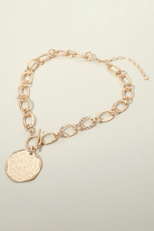 Textured Disc Pendant Chunky Link Chain Necklace