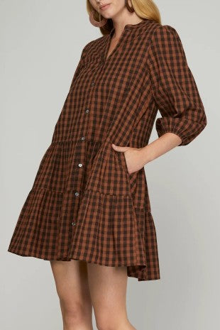 3/4 Sleeve Plaid Print Woven Tiered Dress
