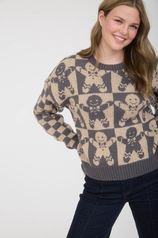 Checkered Gingerbread Jacquard Knit Sweater