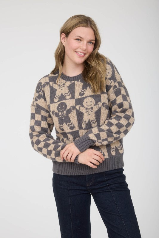 Checkered Gingerbread Jacquard Knit Sweater