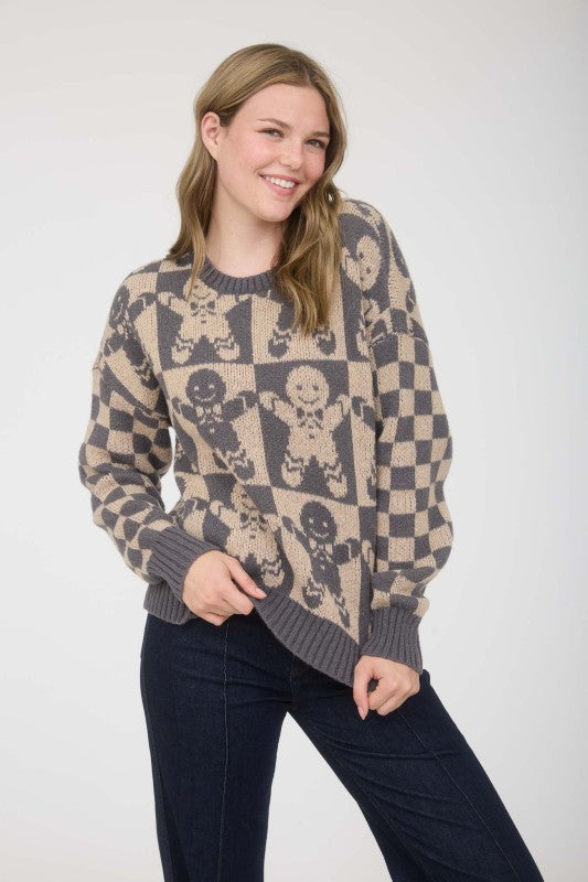 Checkered Gingerbread Jacquard Knit Sweater