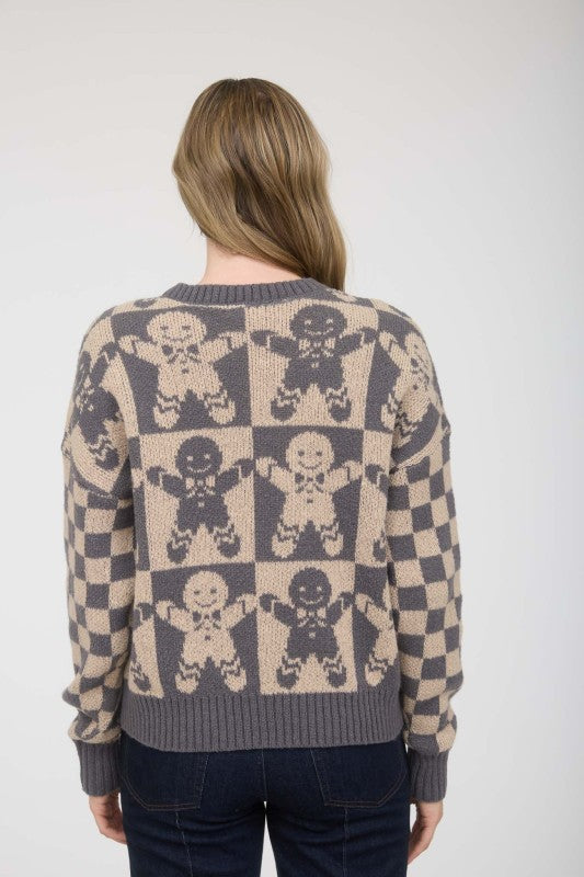 Checkered Gingerbread Jacquard Knit Sweater