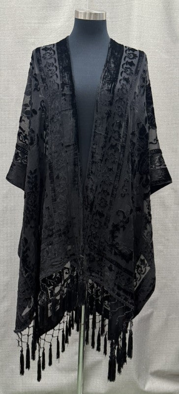 Velvet Burnout Midi Kimono With Tassel Hem