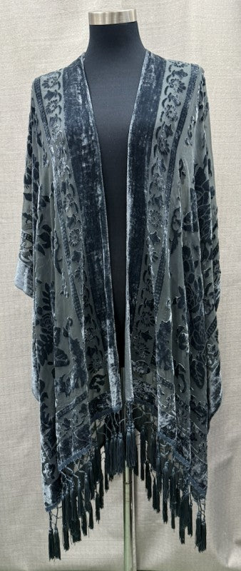Velvet Burnout Midi Kimono With Tassel Hem