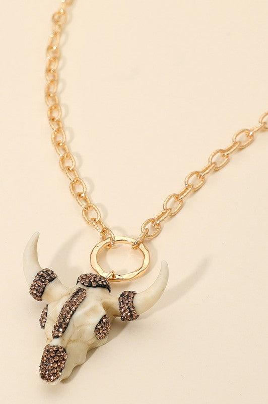 Bling Studded Western Bull Skull Long Necklace