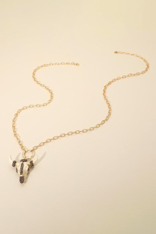 Bling Studded Western Bull Skull Long Necklace