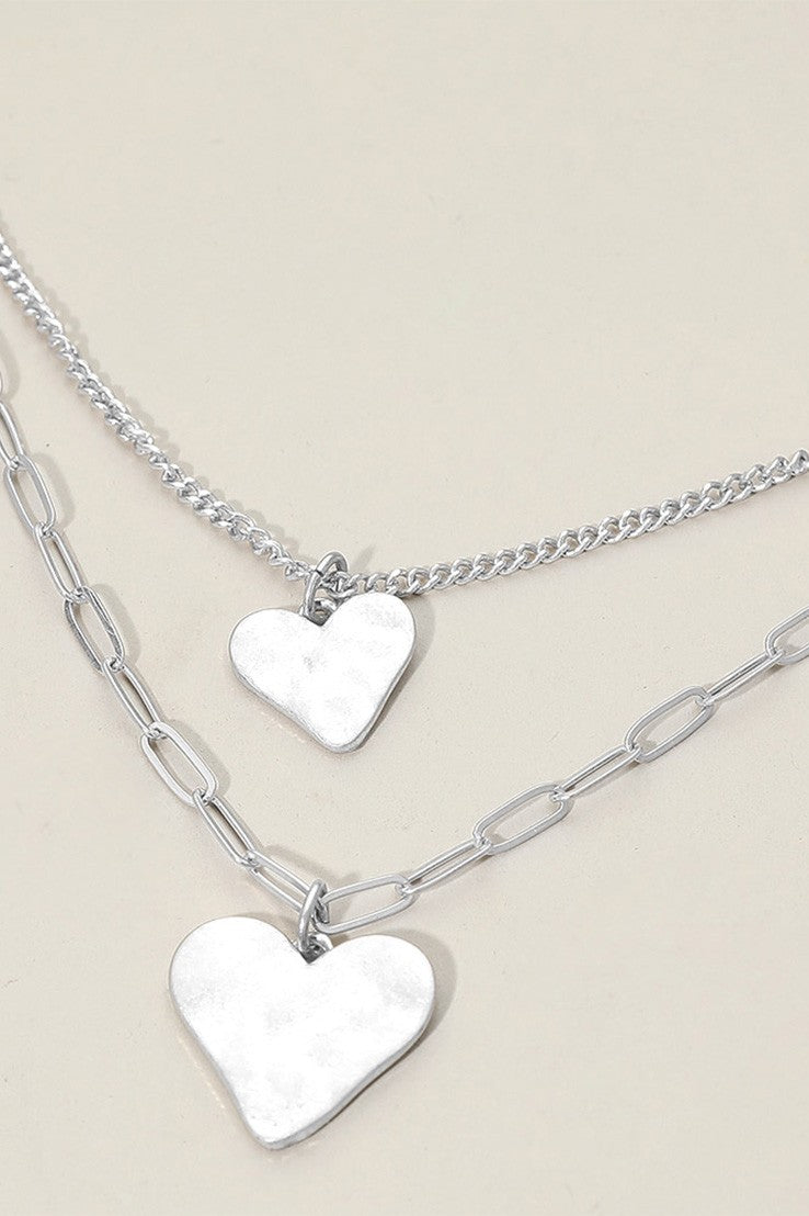 Hammered Metal Heart Double Layered Necklace