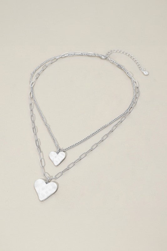 Hammered Metal Heart Double Layered Necklace