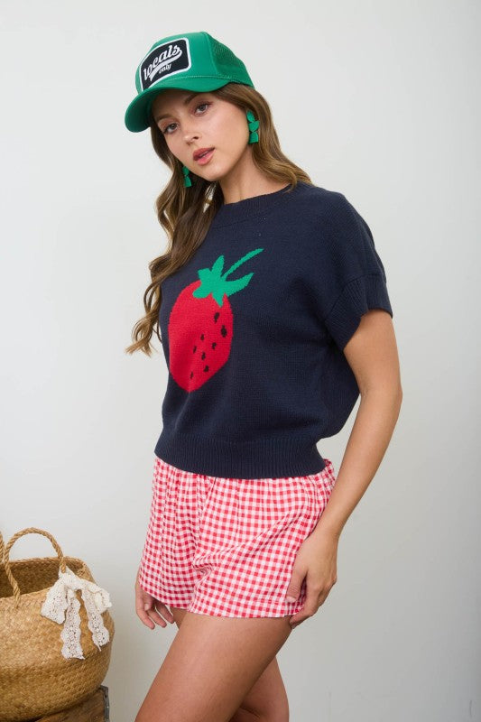 Strawberry Motif Short Sleeve Knit Pullover