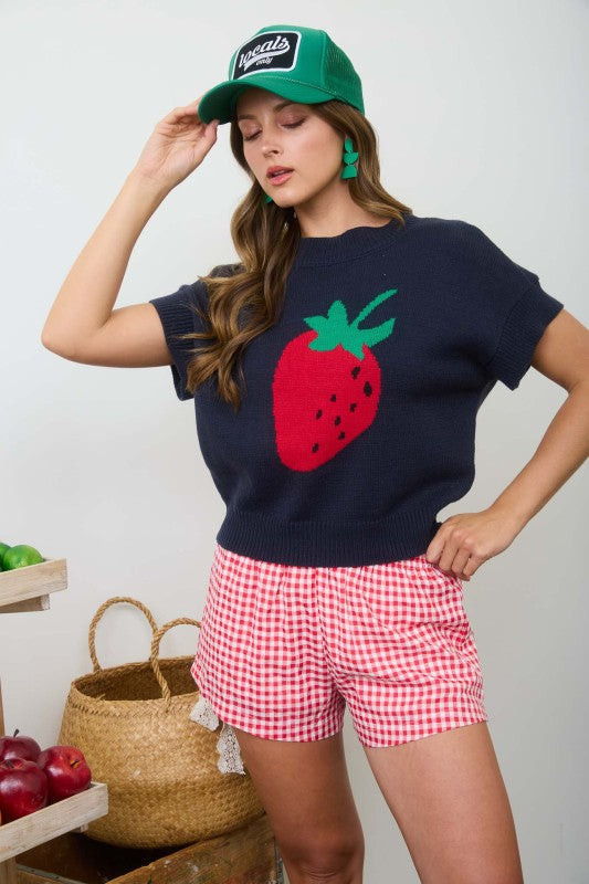 Strawberry Motif Short Sleeve Knit Pullover