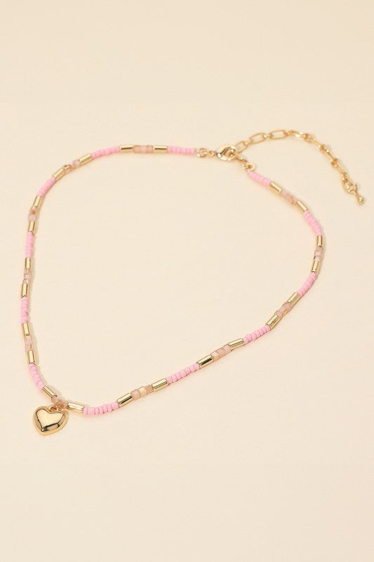 Puffy Metal Heart Pendant Beaded Necklace