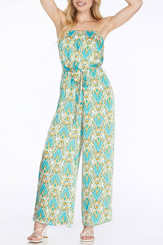 Strapless elastic waist Tie Pockets Woven Jumpsuit