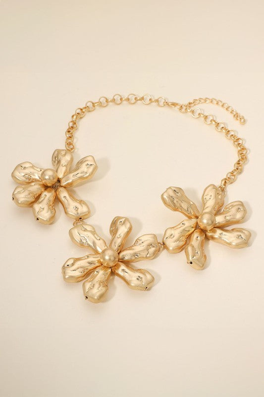 Triple Puffy Metal Flower Link Statement Necklace