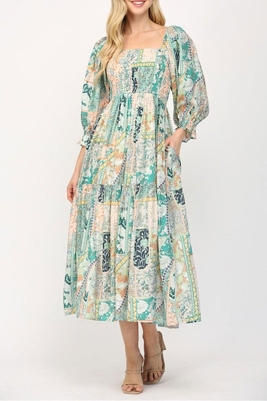 Flower Print Smocked Bodice Tiered Midi Dress