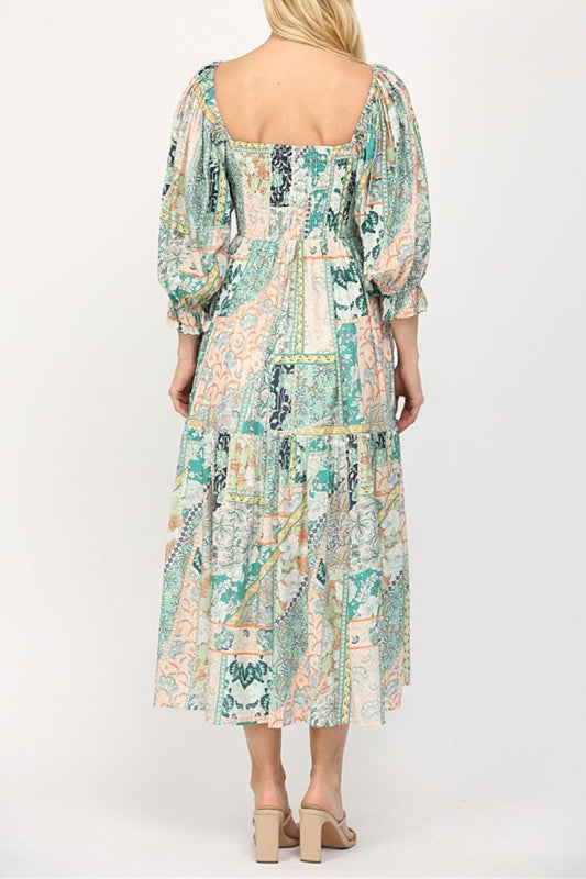 Flower Print Smocked Bodice Tiered Midi Dress