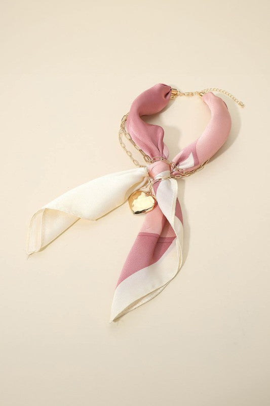 Hammered Metal Heart Fabric Scarf Layered Necklace