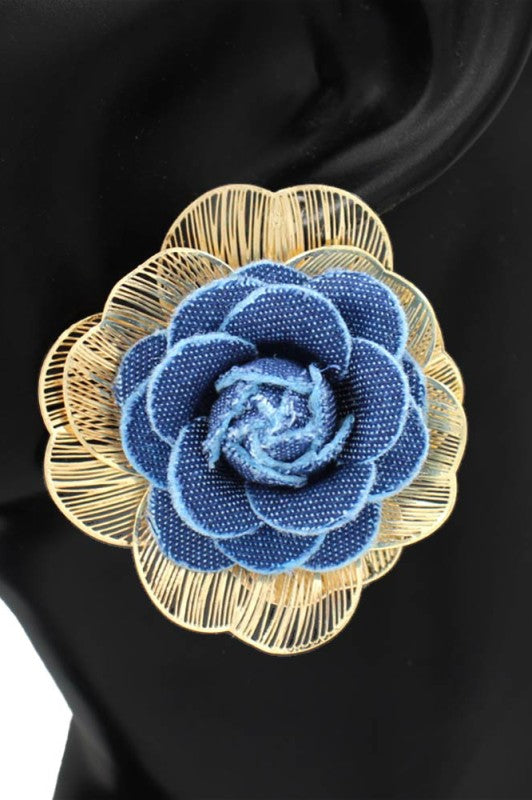 Denim Flower Accent Metal Cutout Flower Earrngs