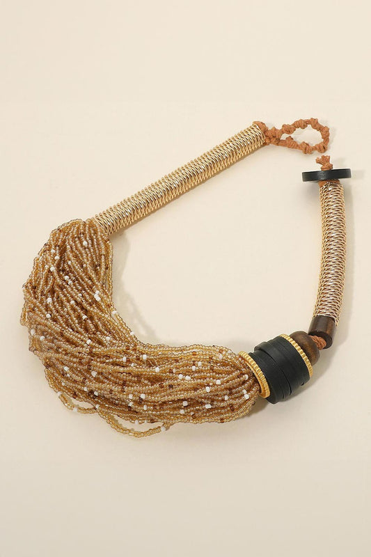 Bold Wooden Disc Seed Beaded Layered Necklace