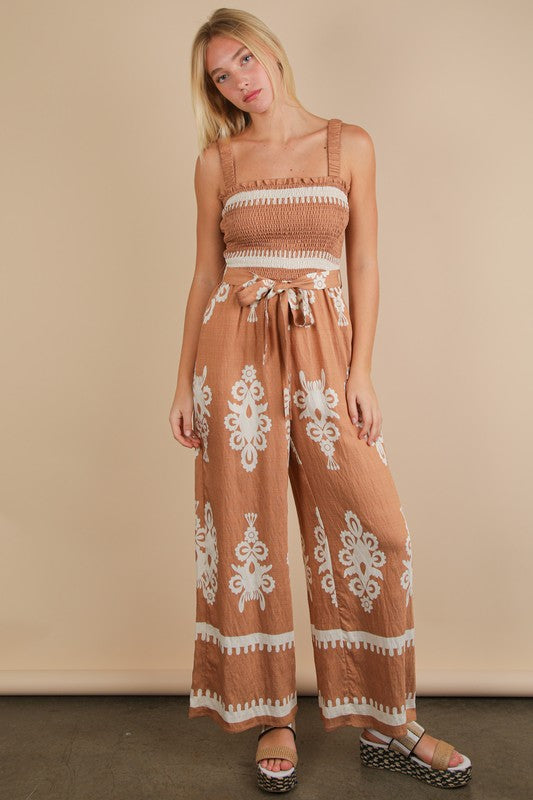 Boho Printed Smocking Detail Jumpsuit