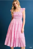 Smocked Tiered Midi Dress Featuring Ruffle Sleeve