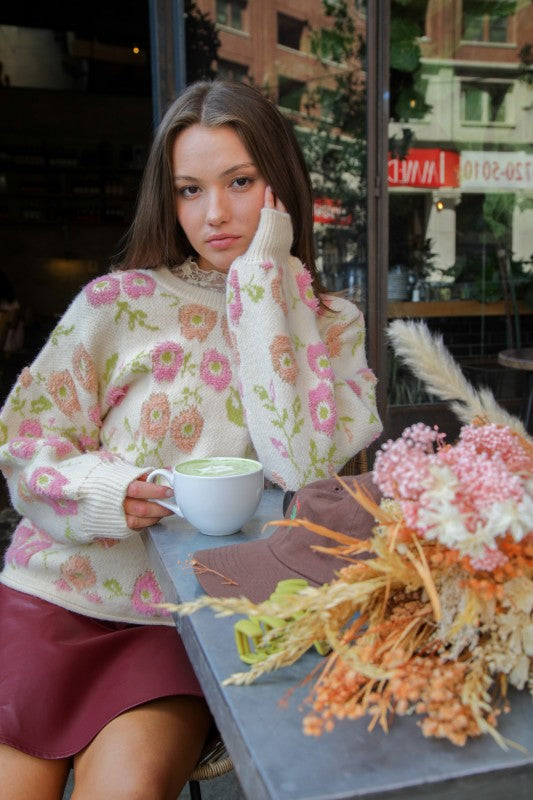 Oversized Floral Textured Printed Knit Sweater Top