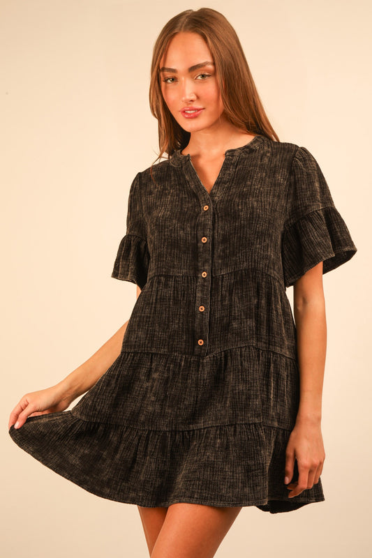 Mineral Washed Baby Bell Sleeve Woven Mini Dress
