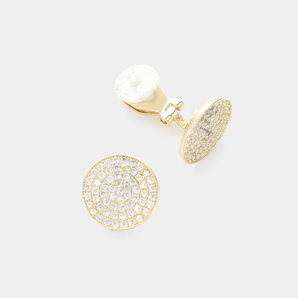 14K Gold Plated CZ Stone Disc Clip On Earrings