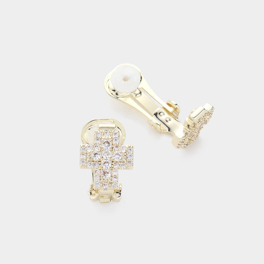 14K Gold Plated CZ Stone Paved Cross Clip On Earrings