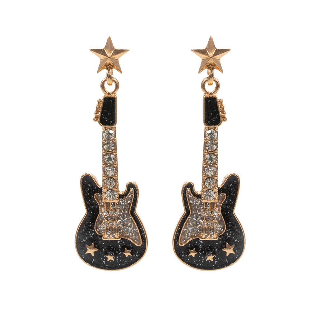 Stone Embellished Glittered Enamel Guitar Dangle Earrings