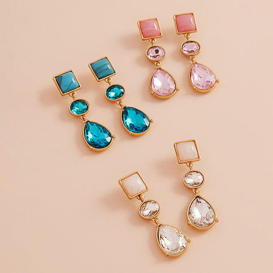 Rectangle Epoxy Stone Oval Teardrop Glass Stone Cluster Link Dropdown Earrings