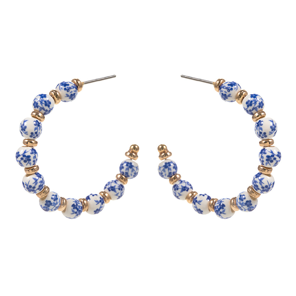 Large Blue Floral Patterned Ceramic Ball Beaded Hoop Earrings