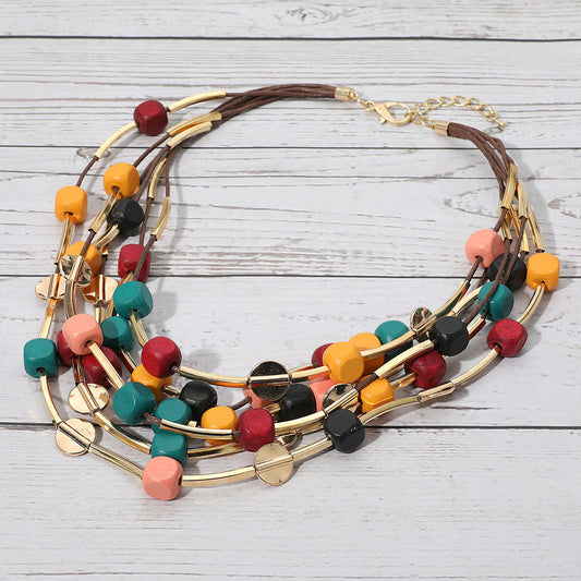 Wooden Cube Beaded Layered Statement Necklace