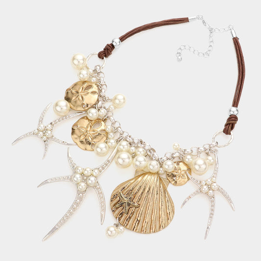 Pearl Embellished Starfish Shell Pendant Beaded Statement Necklace