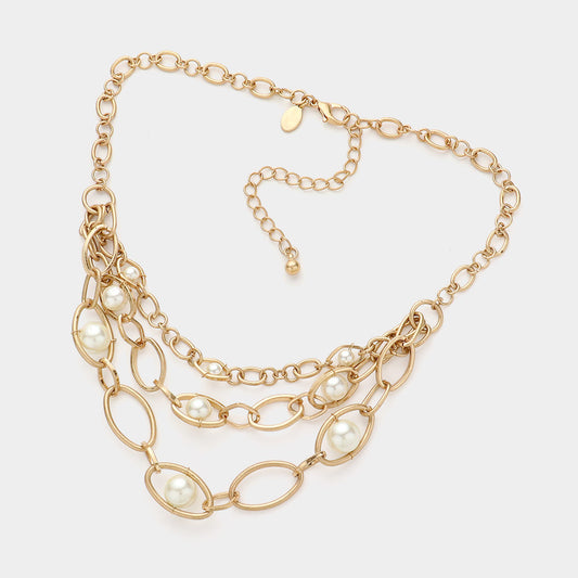 Pearl Pointed Open Oval Metal Link Layered Necklace