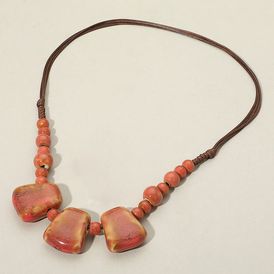 Boho Resin Pebble Beaded Adjustable Cord Necklace