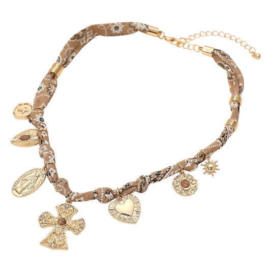 Boho Cross Heart Religious Charm Fabric Braided Necklace