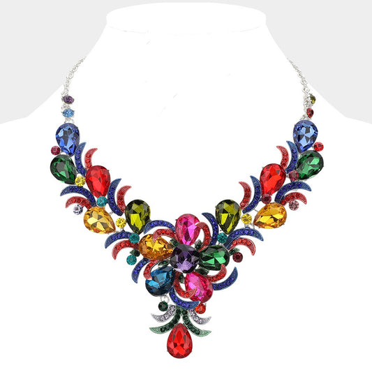 Teardrop Glass Stone Flower Pointed Evening Necklace