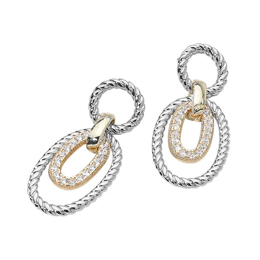 14K Gold Plated CZ Stone Paved Oval Center Twisted Layered Oval Dangle Earrings
