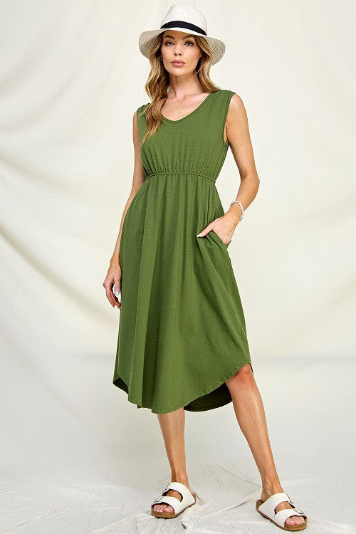 COTTON V NECK SLEEVELESS DRESS