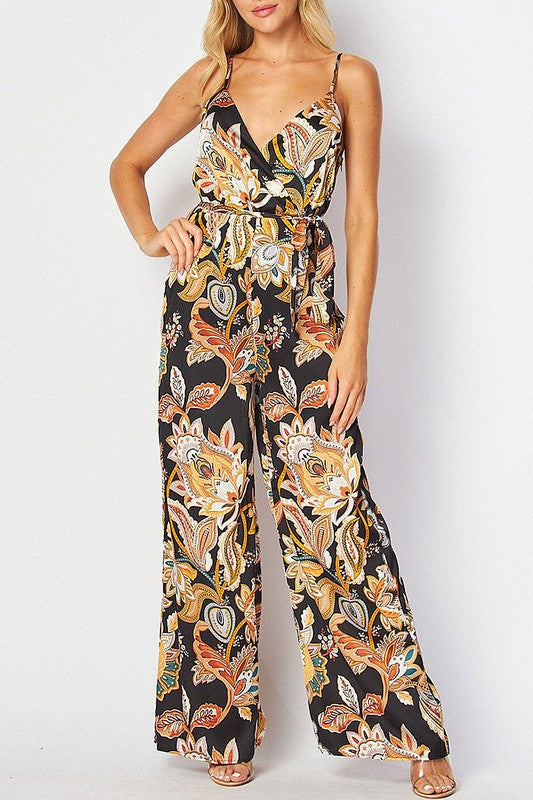 SLEEVELESS SURPLICE MULTI PRINT WIDE LEG JUMPSUIT