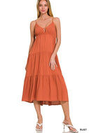 WOVEN SWEETHEART NECKLINE TIERED CAMI MIDI DRESS