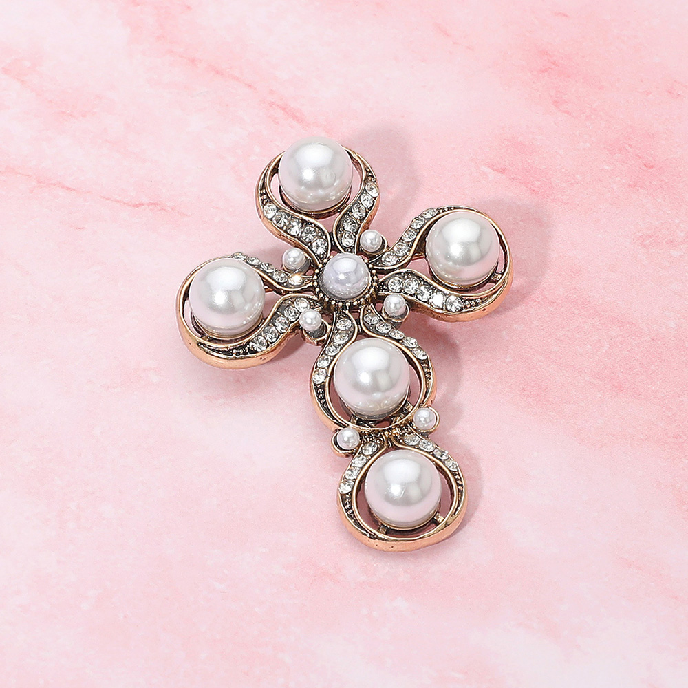 Rhinestone Paved Pearl Antique Cross Pin Brooch