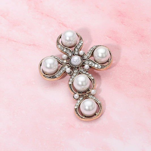 Rhinestone Paved Pearl Antique Cross Pin Brooch