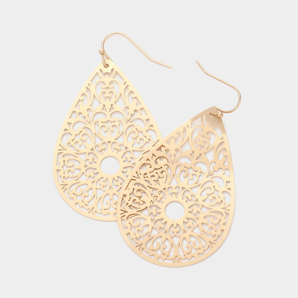 Filigree Brass Metal Teardrop Dangle Earrings
