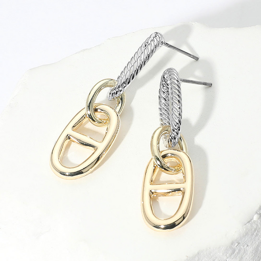 14K Gold Plated Two Tone Mariner Link Dangle Earrings